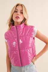 Women Gloss Shiny PU Quilted Puffer Zip-Up Crop | Zarnesh