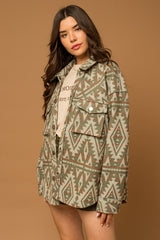Women Casual 3D Front Pocket Collar Button Aztec Print Shacket Zarnesh