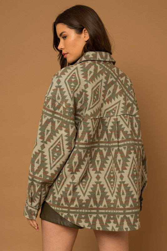 Women Casual 3D Front Pocket Collar Button Aztec Print Shacket Zarnesh