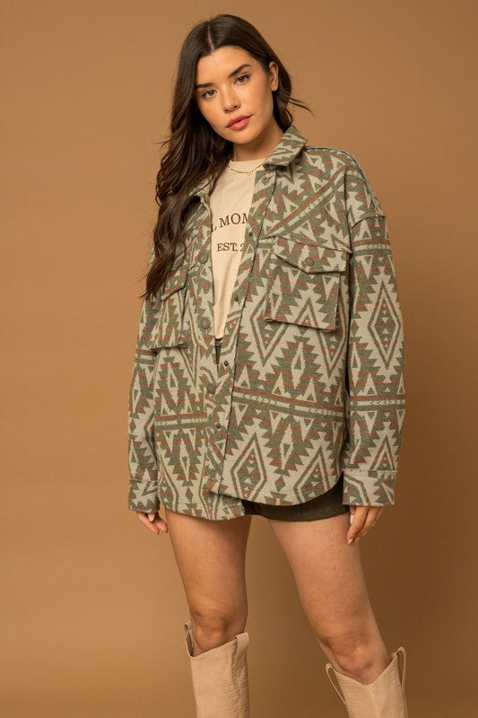 Women Casual 3D Front Pocket Collar Button Aztec Print Shacket Zarnesh