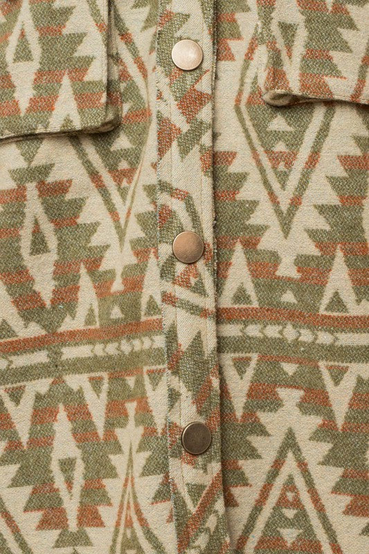 Women Casual 3D Front Pocket Collar Button Aztec Print Shacket Zarnesh