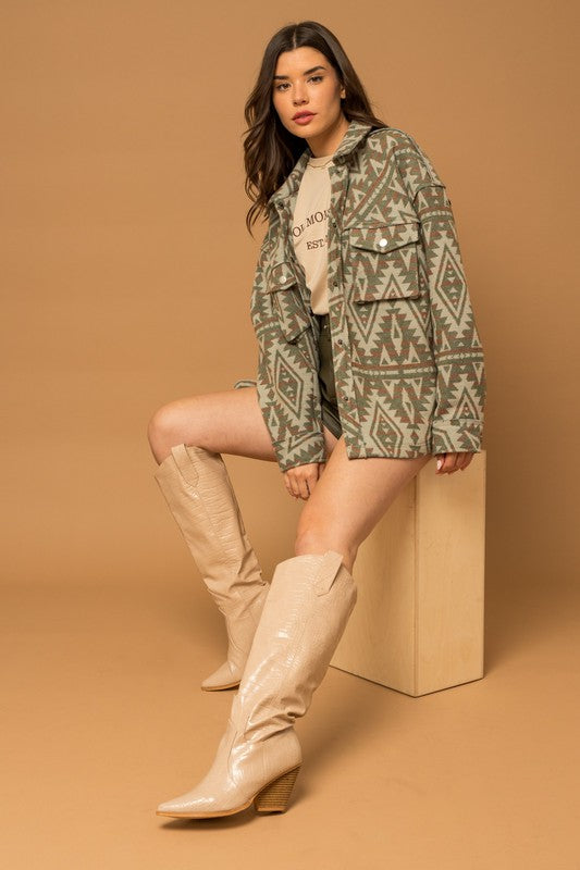 Women Casual 3D Front Pocket Collar Button Aztec Print Shacket Zarnesh