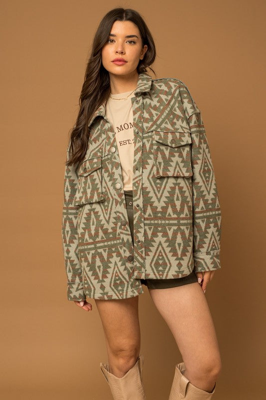 Women Casual 3D Front Pocket Collar Button Aztec Print Shacket Zarnesh