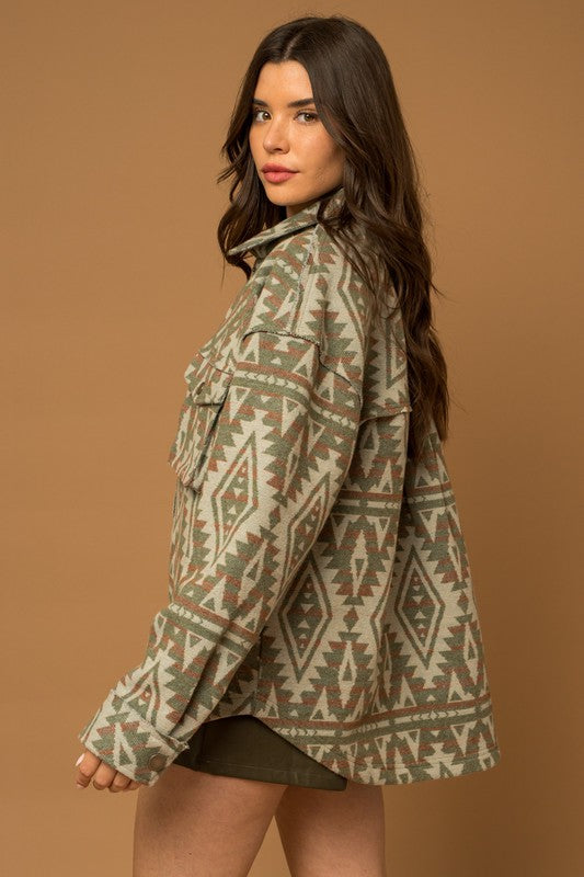 Women Casual 3D Front Pocket Collar Button Aztec Print Shacket Zarnesh