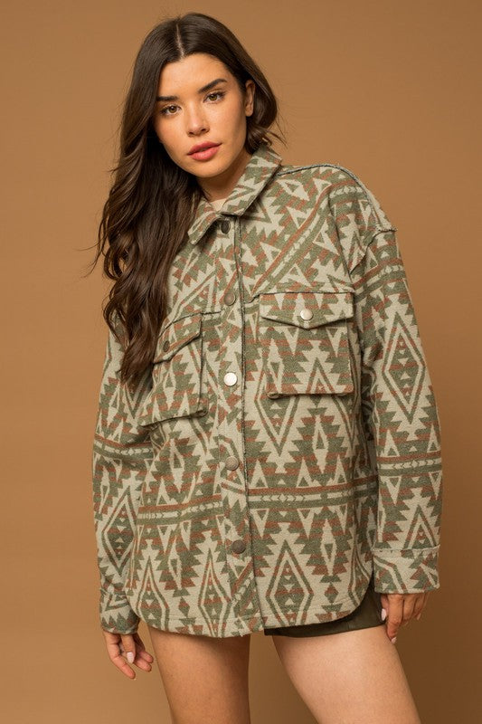 Women Casual 3D Front Pocket Collar Button Aztec Print Shacket Zarnesh