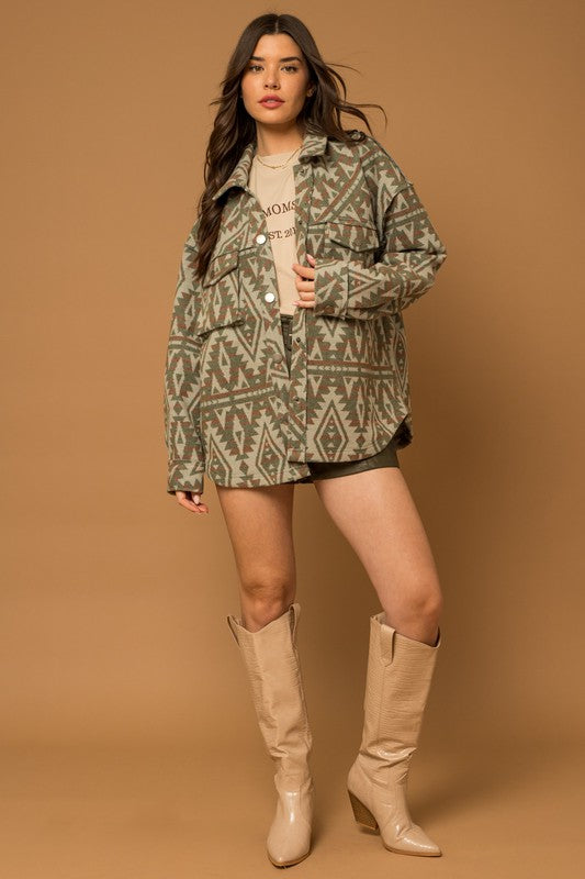 Women Casual 3D Front Pocket Collar Button Aztec Print Shacket Zarnesh