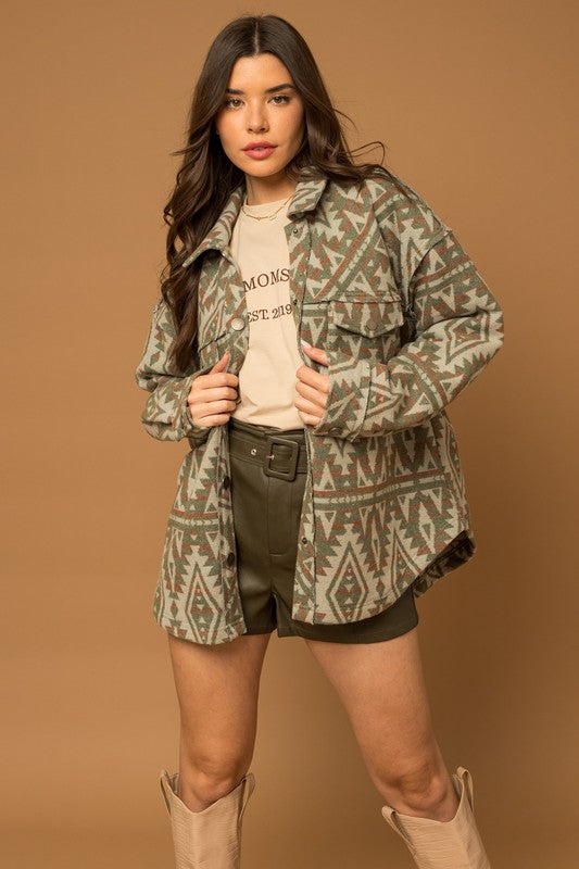 Women Casual 3D Front Pocket Collar Button Aztec Print Shacket Zarnesh