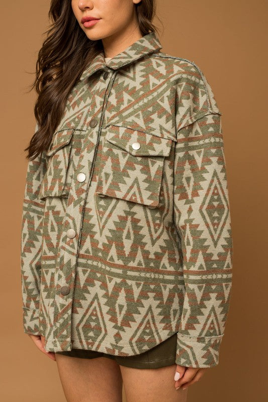 Women Casual 3D Front Pocket Collar Button Aztec Print Shacket Zarnesh