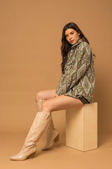 Women Casual 3D Front Pocket Collar Button Aztec Print Shacket Zarnesh