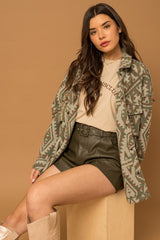 Women Casual 3D Front Pocket Collar Button Aztec Print Shacket Zarnesh