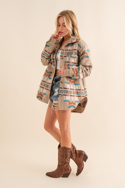 Women Blue B Exclusive Aztec Shirt Jacket | Zarnesh