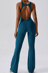 Women Solid Flared Trousers Cut Out Back Fitness Jumpsuit Zarnesh