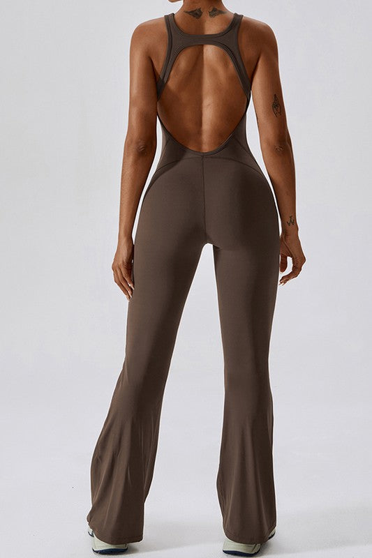 Women Solid Flared Trousers Cut Out Back Fitness Jumpsuit Zarnesh