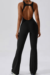 Women Solid Flared Trousers Cut Out Back Fitness Jumpsuit Zarnesh