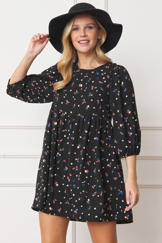 Women Abstract Polka Dot Bishop Sleeve Mini Baby Doll Dress Zarnesh