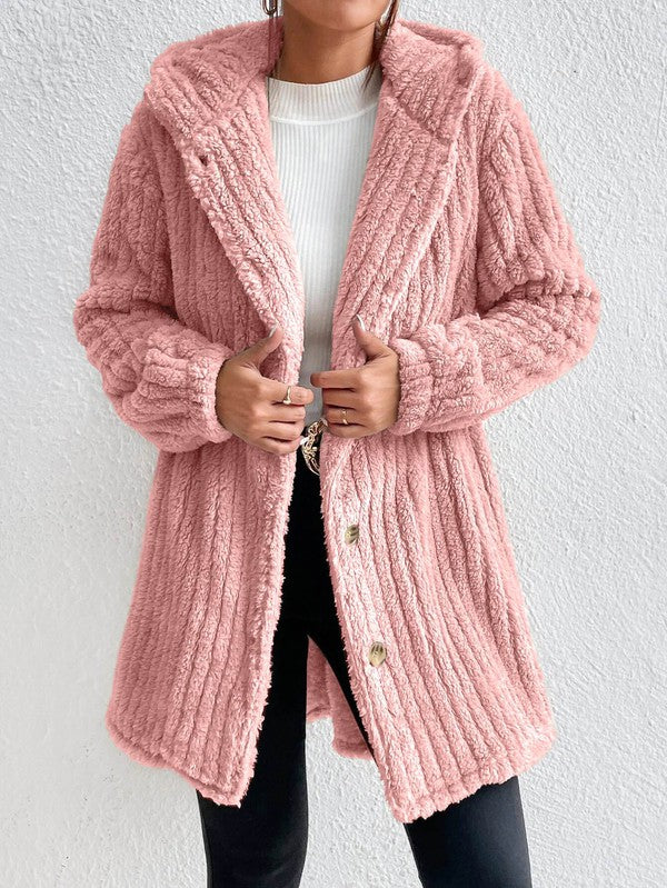 Women Regular Length Open Front Plush Teddy Coat With Hood Zarnesh