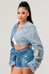 Women Denim Patched X-Contrast Top | Zarnesh