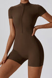 Women Breathable Zippered Short Sleeves Solid Color Jumpsuit Zarnesh