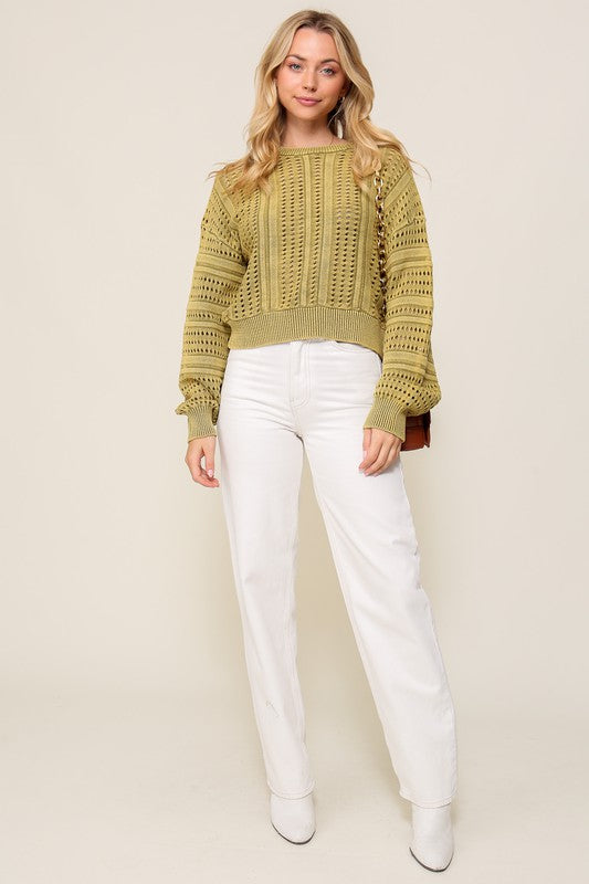 Women Acid Wash Round Neck Long Sleeves Cropped Sweater Zarnesh