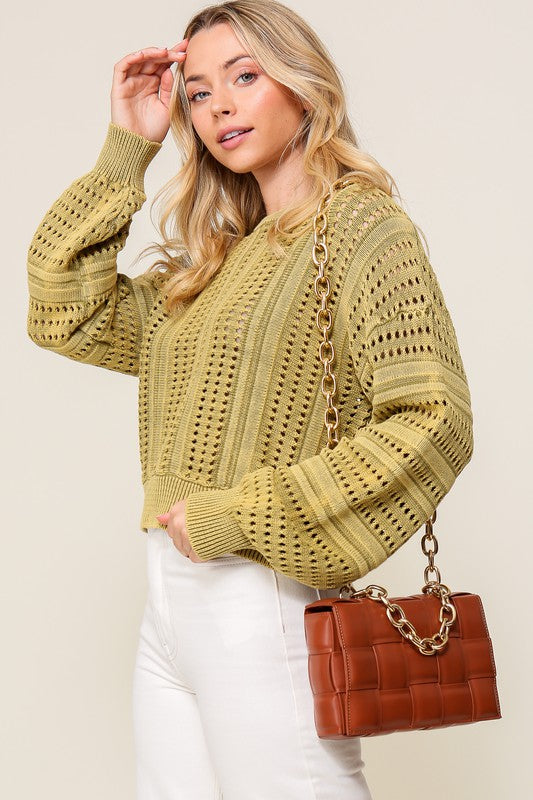 Women Acid Wash Round Neck Long Sleeves Cropped Sweater Zarnesh