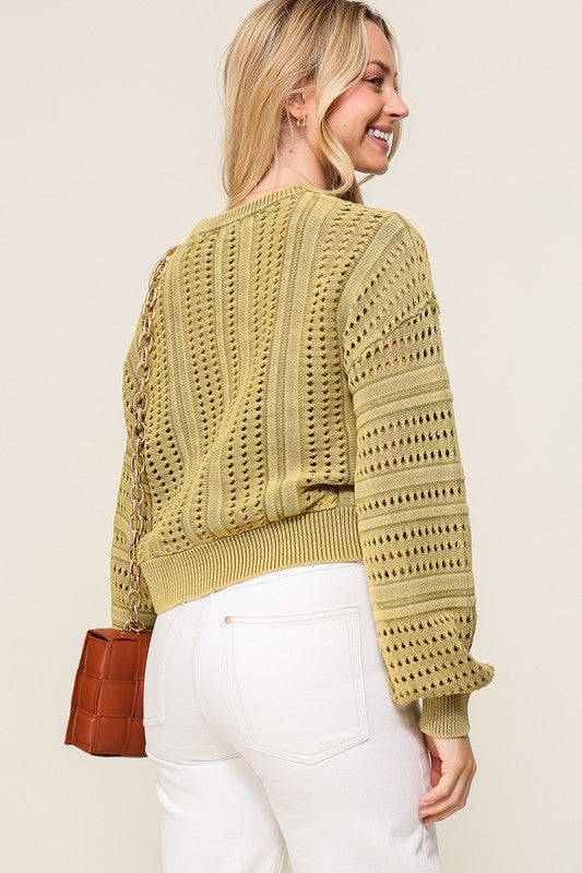 Women Acid Wash Round Neck Long Sleeves Cropped Sweater Zarnesh