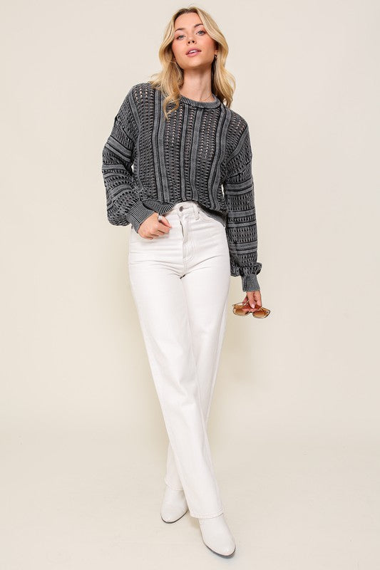 Women Acid Wash Round Neck Long Sleeves Cropped Sweater Zarnesh