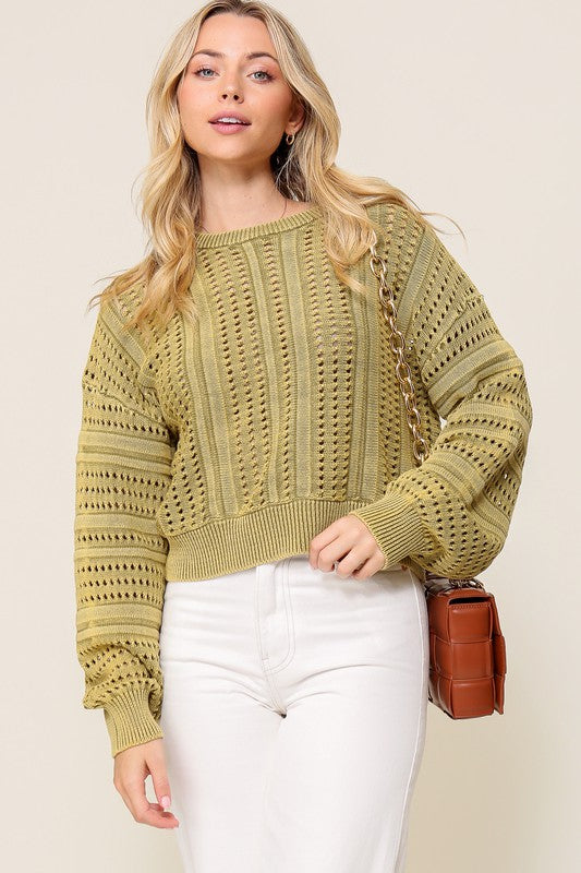 Women Acid Wash Round Neck Long Sleeves Cropped Sweater Zarnesh