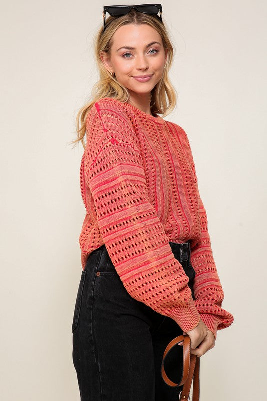 Women Acid Wash Round Neck Long Sleeves Cropped Sweater Zarnesh
