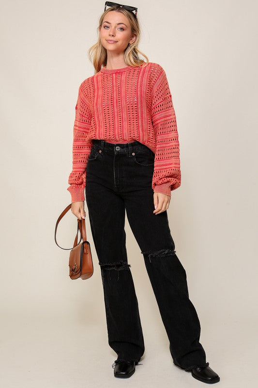 Women Acid Wash Round Neck Long Sleeves Cropped Sweater Zarnesh