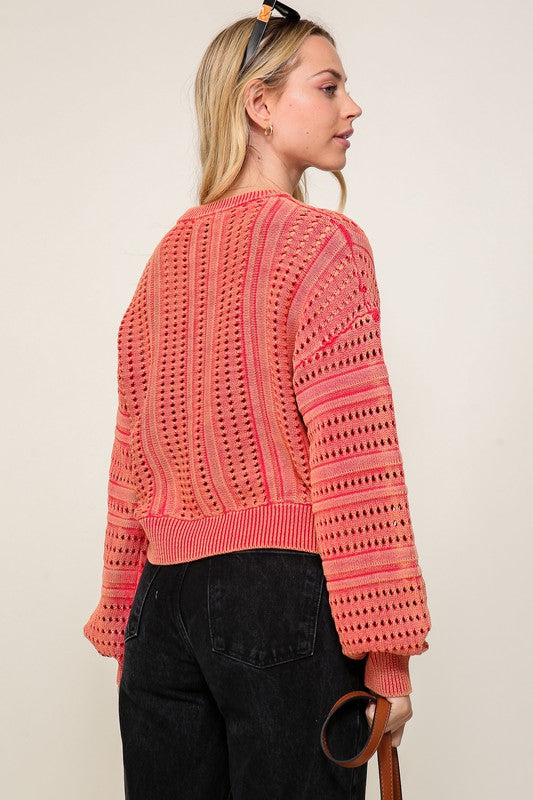 Women Acid Wash Round Neck Long Sleeves Cropped Sweater Zarnesh