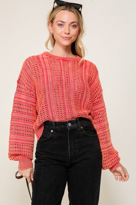 Women Acid Wash Round Neck Long Sleeves Cropped Sweater Zarnesh