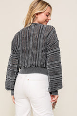 Women Acid Wash Round Neck Long Sleeves Cropped Sweater Zarnesh