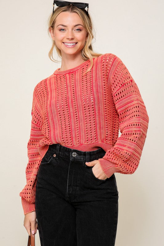 Women Acid Wash Round Neck Long Sleeves Cropped Sweater Zarnesh