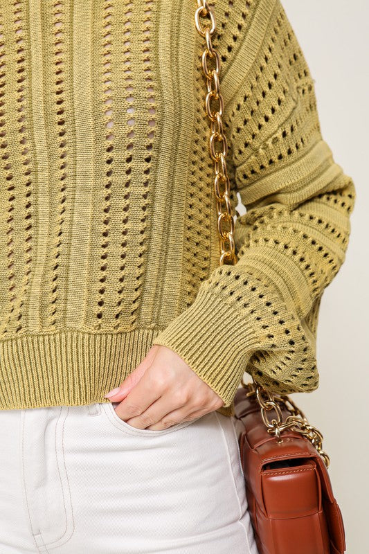 Women Acid Wash Round Neck Long Sleeves Cropped Sweater Zarnesh