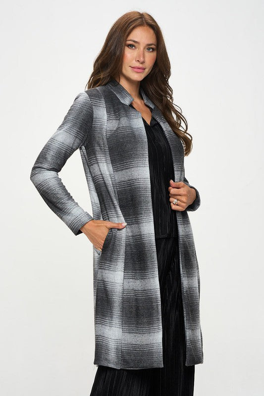 Women Plaid Open Front Coat with Collar | Zarnesh