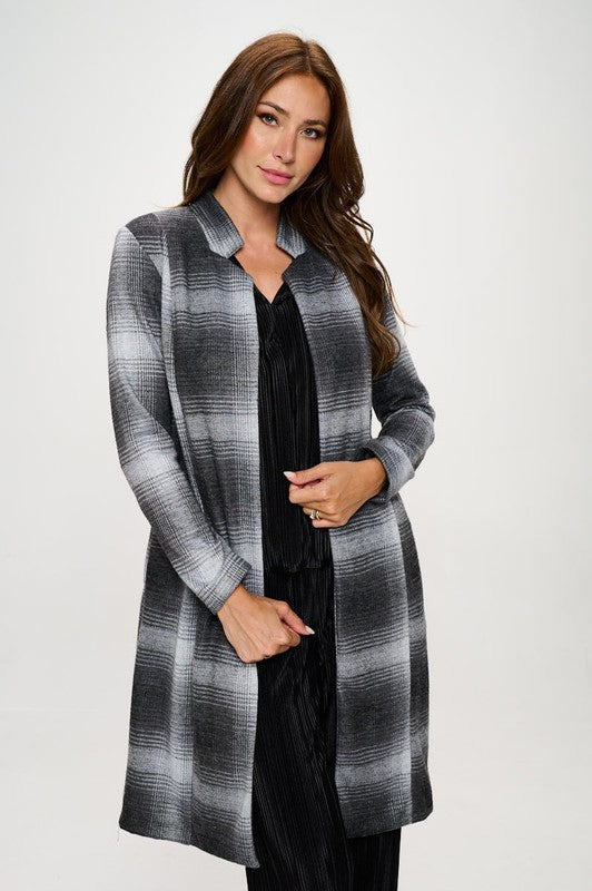 Women Plus Plaid Open Front Knee-Length Coat with Collar | Zarnesh