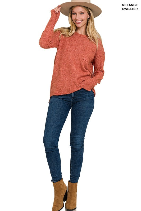 Women Melange Hi-Low Hem Round Neck Sweater | Zarnesh