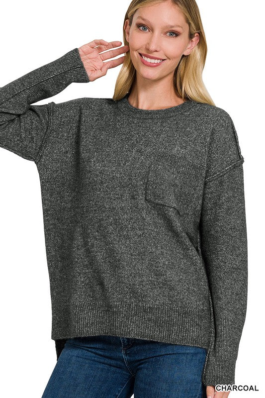 Women Melange Hi-Low Hem Round Neck Sweater | Zarnesh