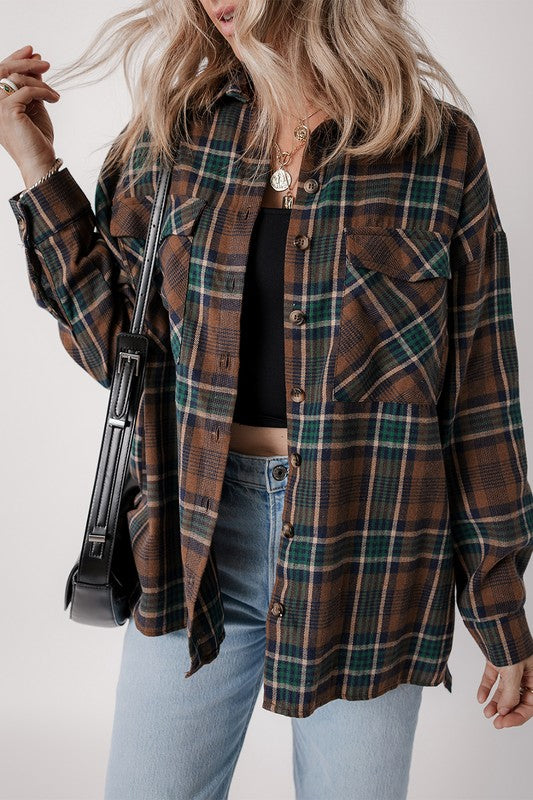 Women Plaid Print Pockets Buttoned Shirt Jacket | Zarnesh