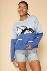 Women Orca Boat Intarsia Round Neckline Premium Knit Sweater Zarnesh