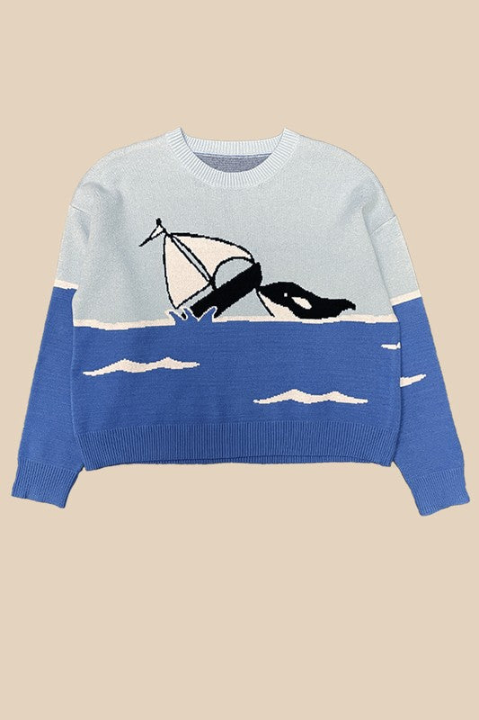 Women Orca Boat Intarsia Round Neckline Premium Knit Sweater Zarnesh
