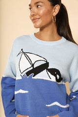 Women Orca Boat Intarsia Round Neckline Premium Knit Sweater Zarnesh