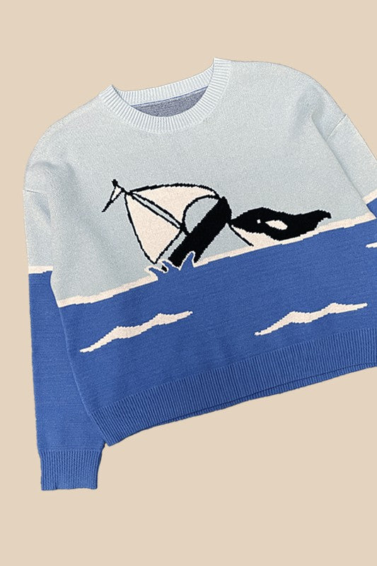 Women Orca Boat Intarsia Round Neckline Premium Knit Sweater Zarnesh