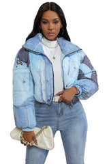 Women Sexy Multi-Fabric Round Neckline Fashion Puffer Jacket | Zarnesh