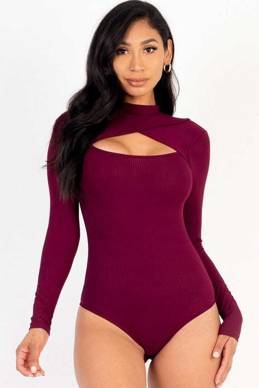 Women Buttery Soft Rib Knit Front Cutout Long Sleeve Bodysuit Zarnesh 
