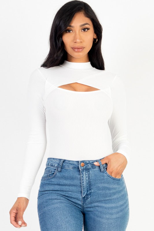 Women Buttery Soft Rib Knit Front Cutout Long Sleeve Bodysuit Zarnesh 