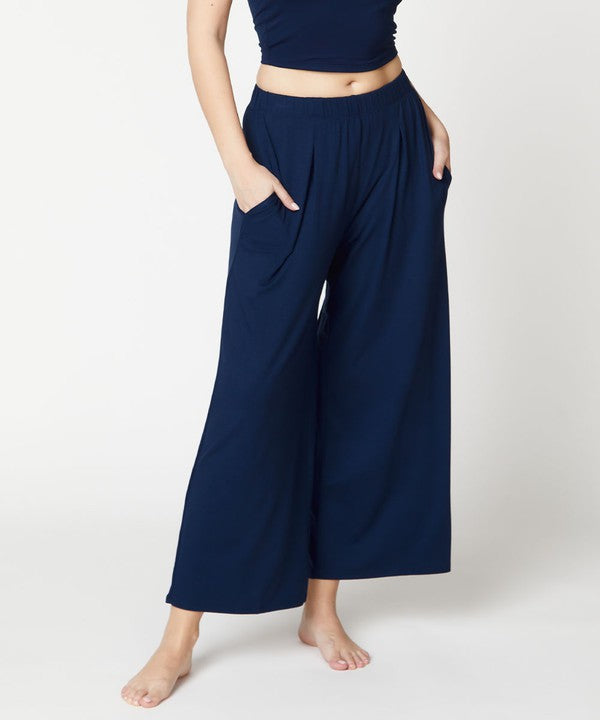 Women Bamboo Elastic Waist Pleat Ankle Length Wide Pants Zarnesh