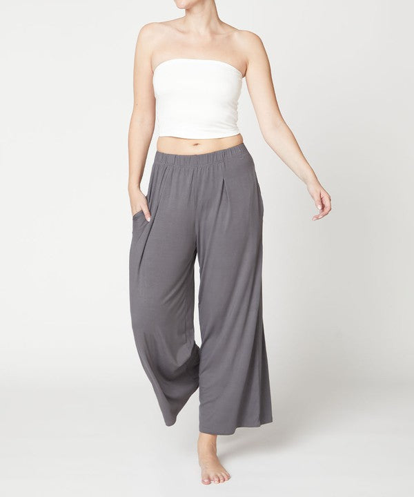 Women Bamboo Elastic Waist Pleat Ankle Length Wide Pants Zarnesh