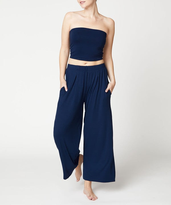 Women Bamboo Elastic Waist Pleat Ankle Length Wide Pants Zarnesh