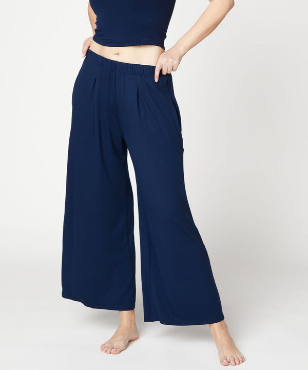 Women Bamboo Elastic Waist Pleat Ankle Length Wide Pants Zarnesh